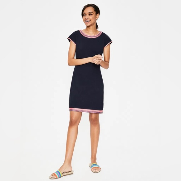 Boden Sena Embroidered Jersey Knit Dress Navy Pink 6R UK10 Classic Summer Spring - Picture 2 of 10